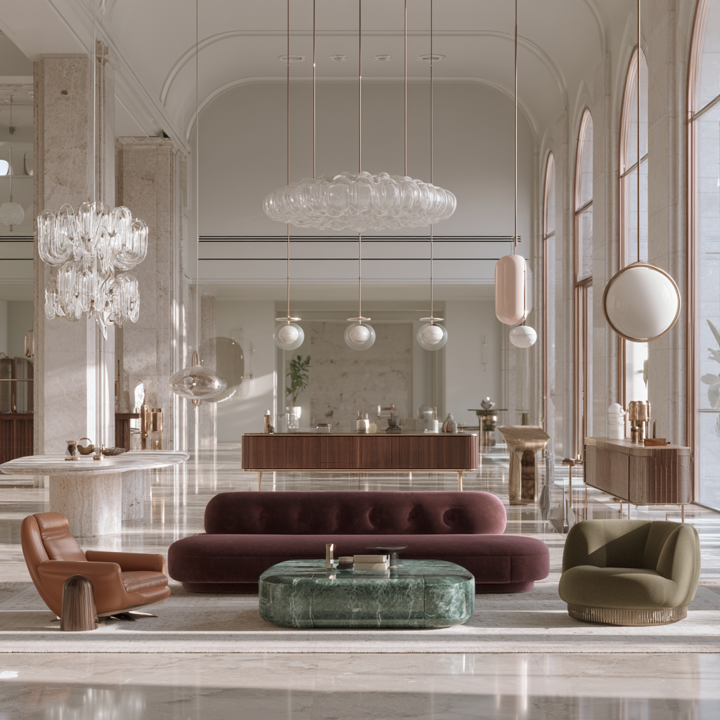 Grand marble gallery with a burgundy velvet sofa, green stone table and sculptural lighting